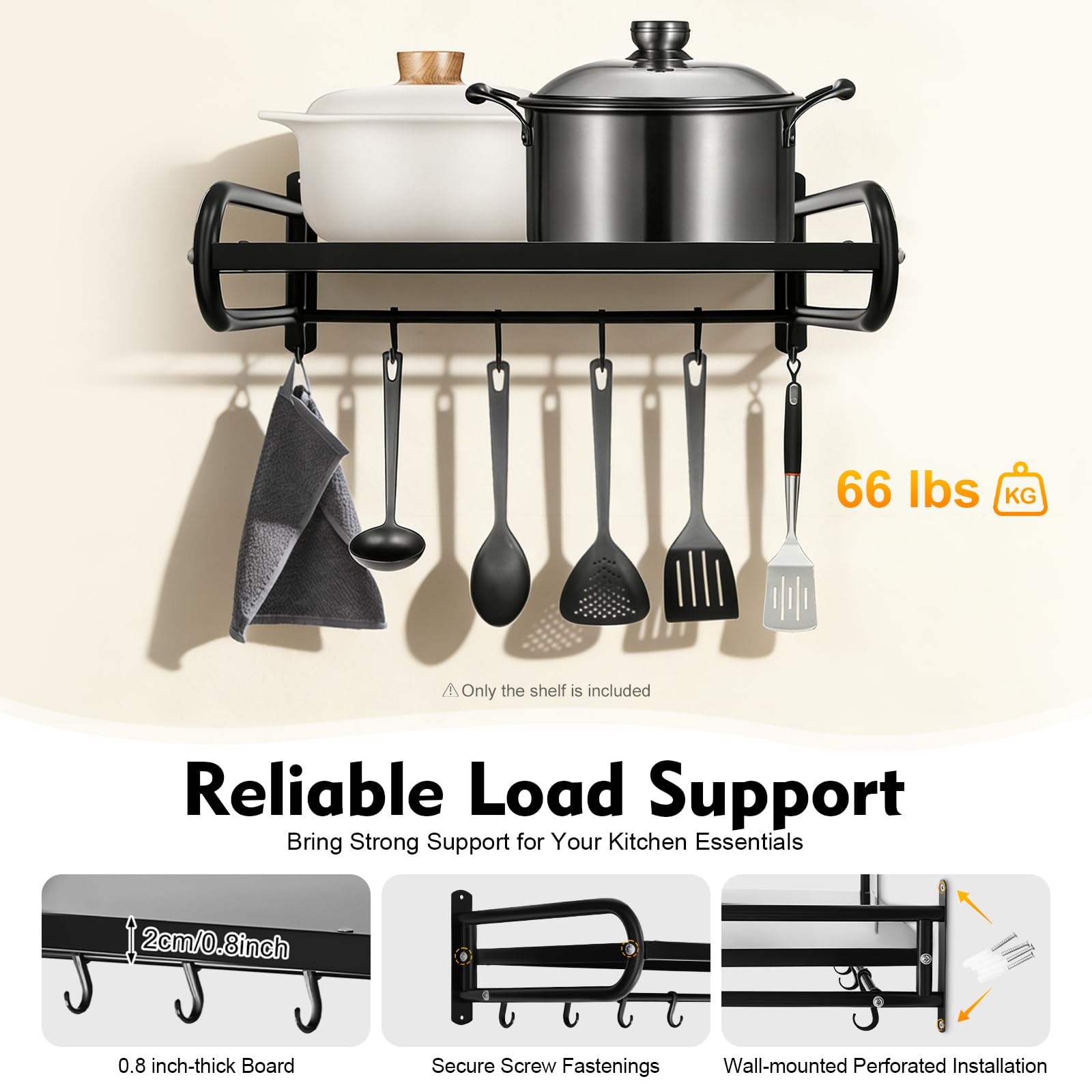 TiryyDrela mensola parete cucina 1 livello 30 kg con ganci