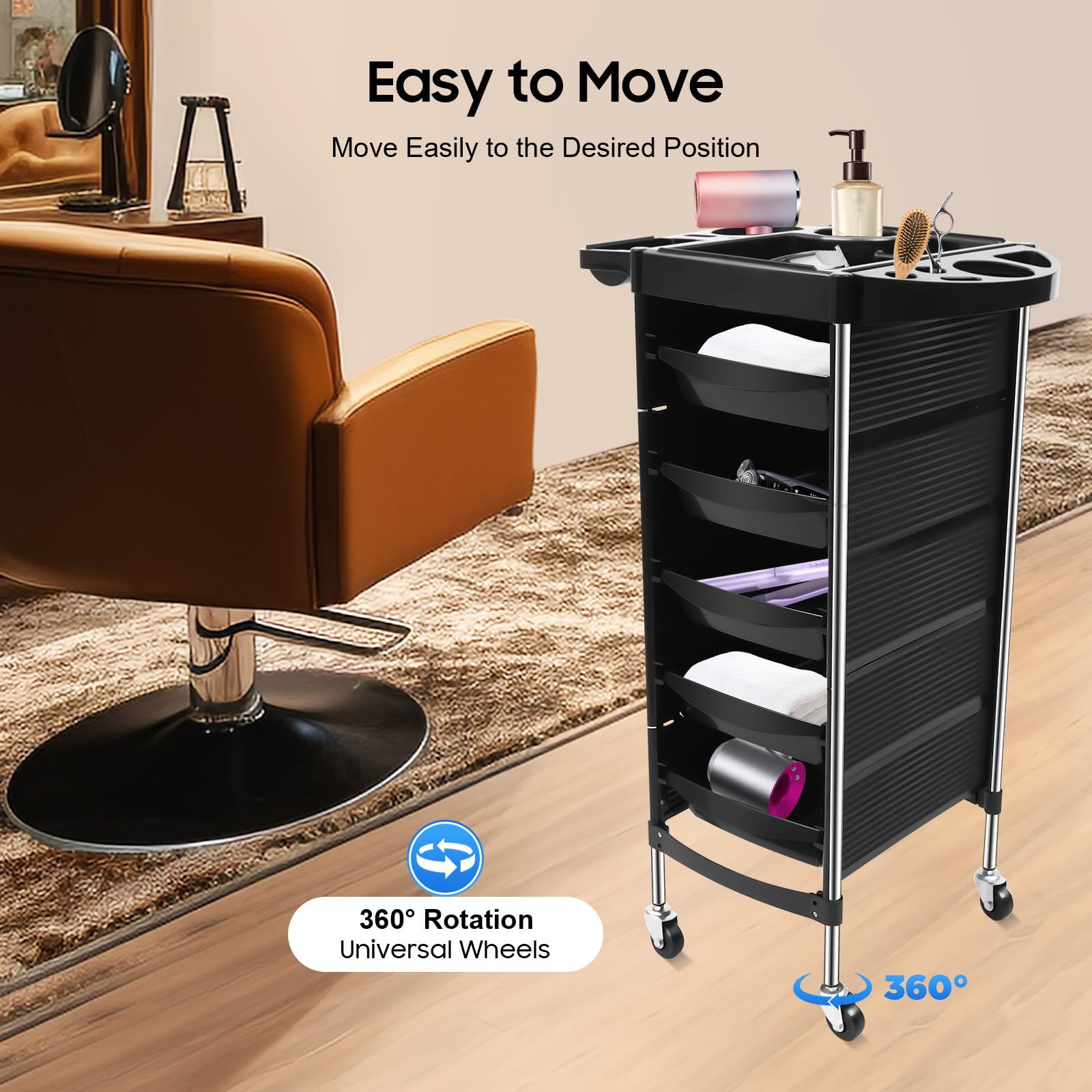 TiryyDrela Carrello Parrucchiere 5 Cassetti Nero