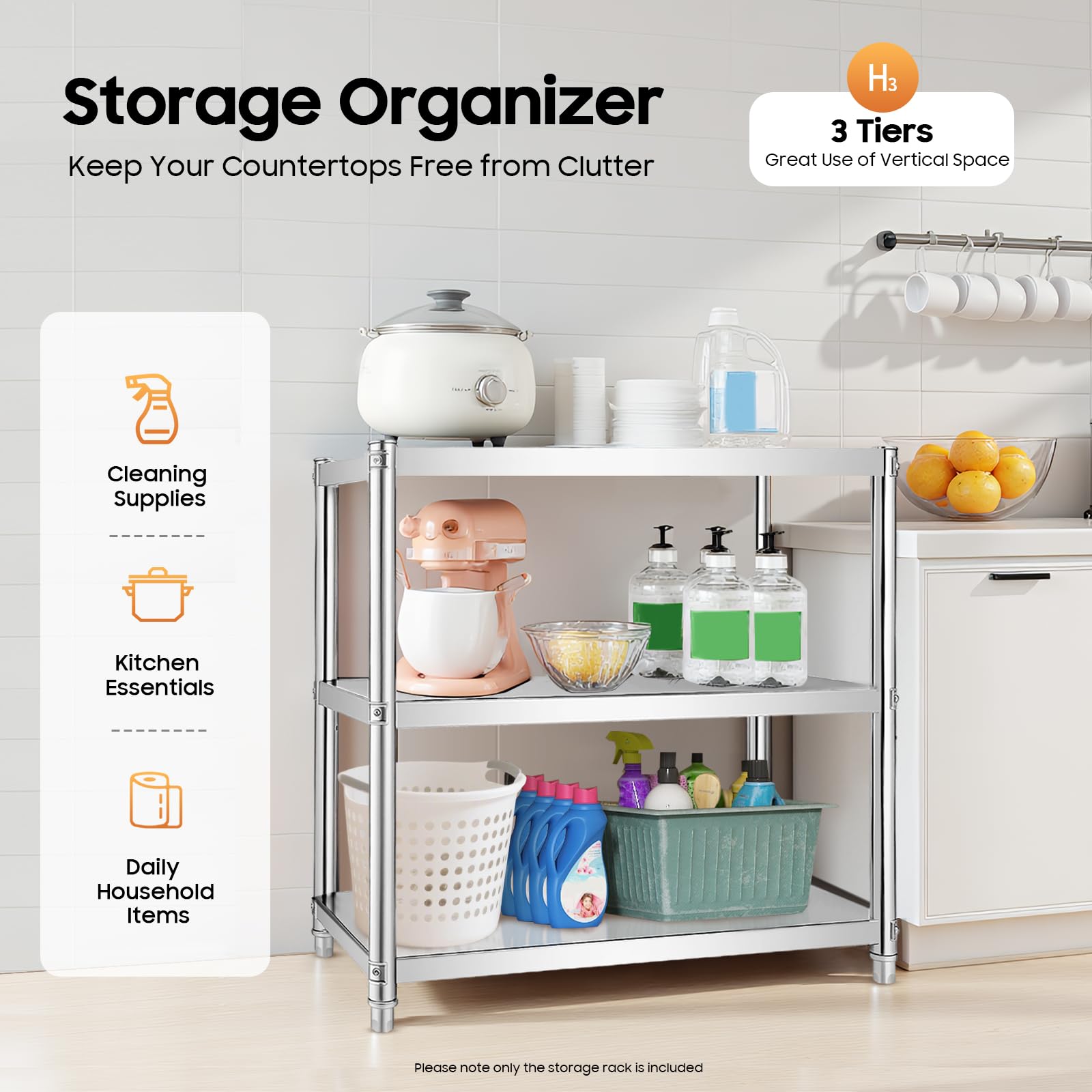 TiryyDrela Scaffale cucina 3 ripiani acciaio inox regolabile