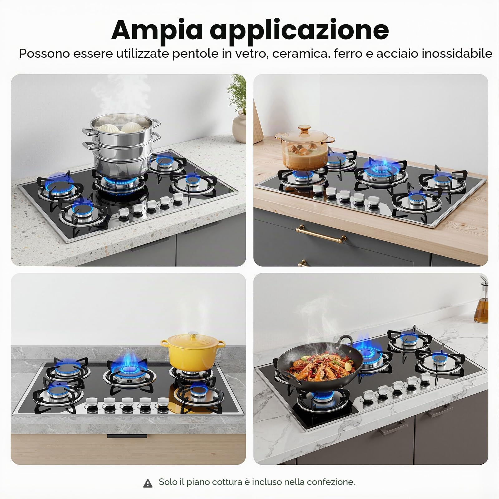 TiryyDrela Piano Cottura Gas 5 Fuochi Vetro 77 cm