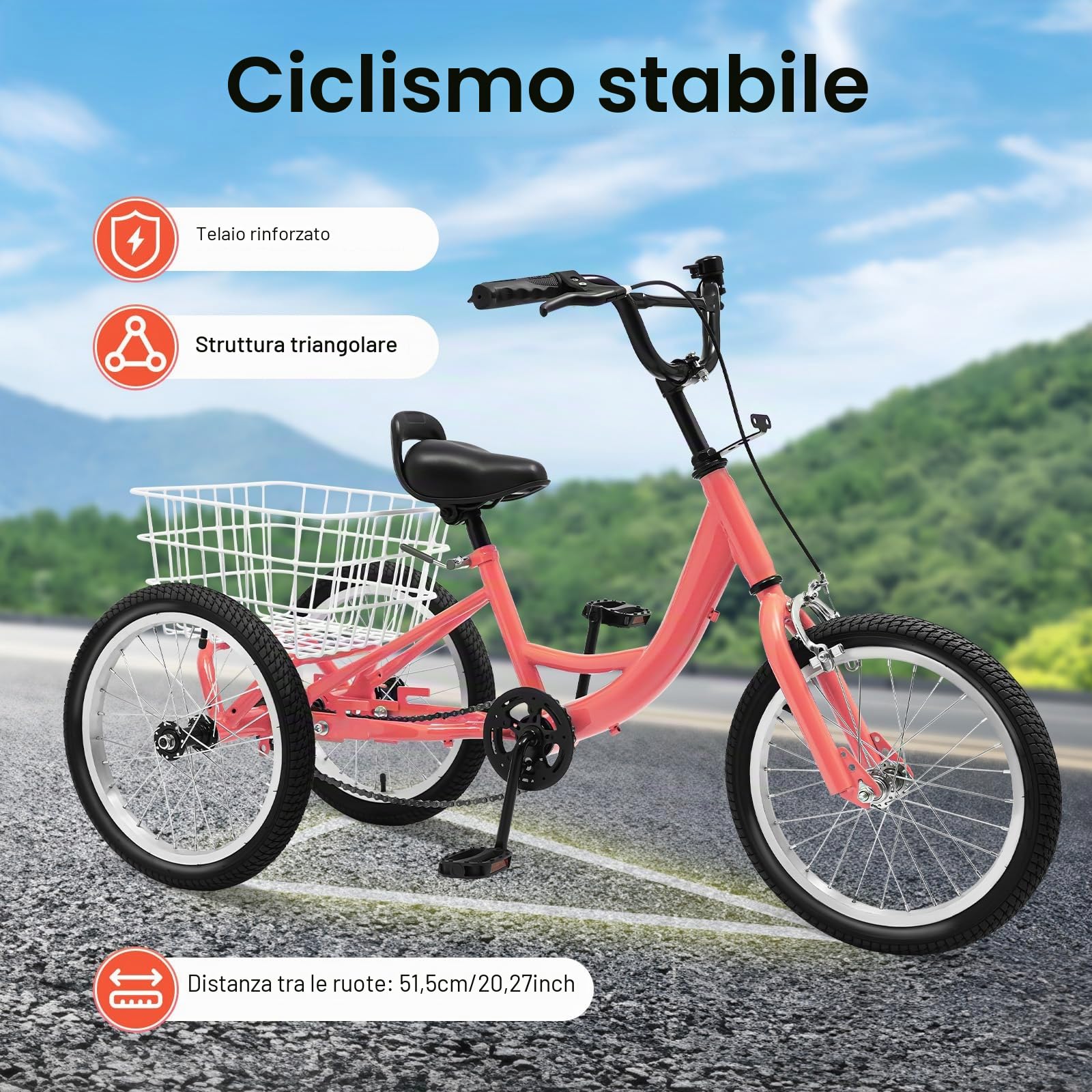TiryyDrela Triciclo 16 Pollici 3 Ruote Arancione con Cestello 120 kg