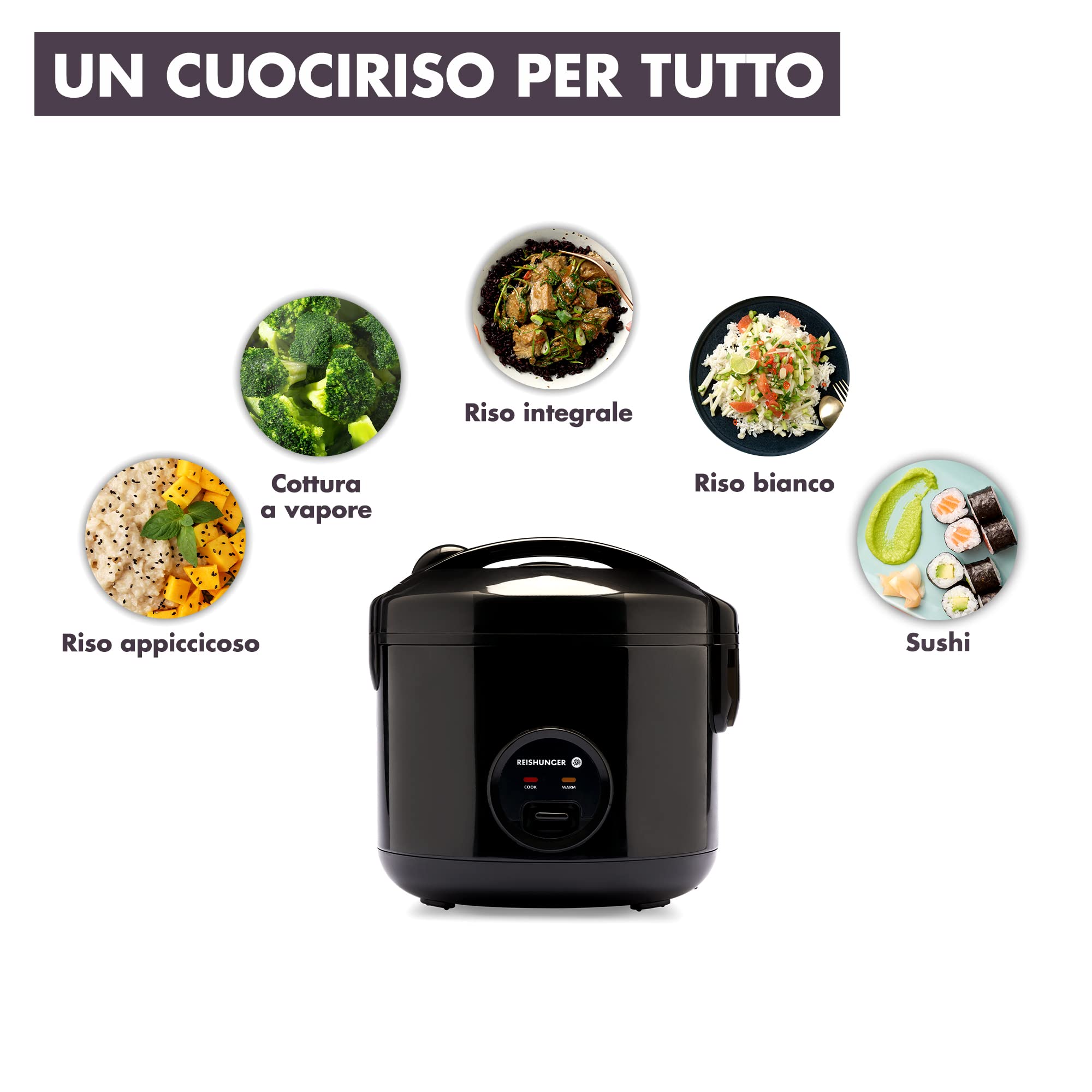 Reishunger cuociriso elettrico nero 1,2 L 6 persone antiaderente