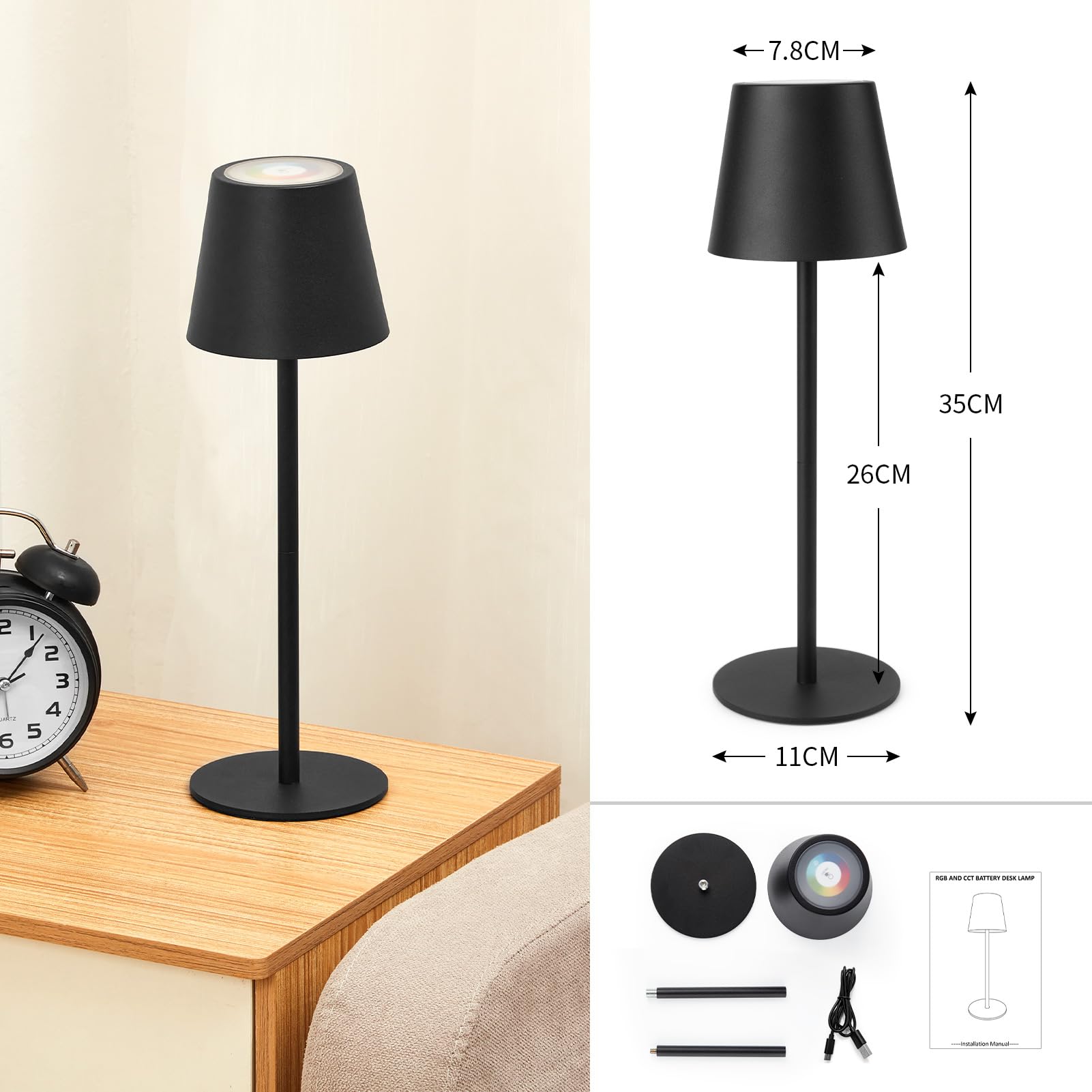 WOWDSGN lampada da tavolo senza fili nera LED ricaricabile