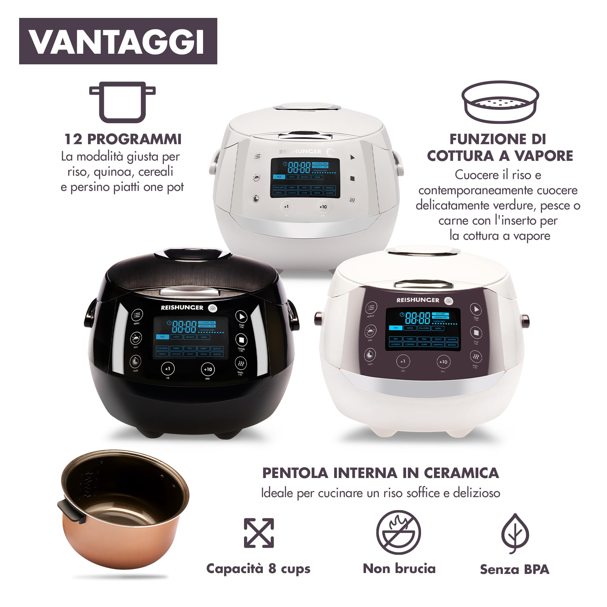 Reishunger Digitale Cuociriso 1,5 L Nero per 8 Persone