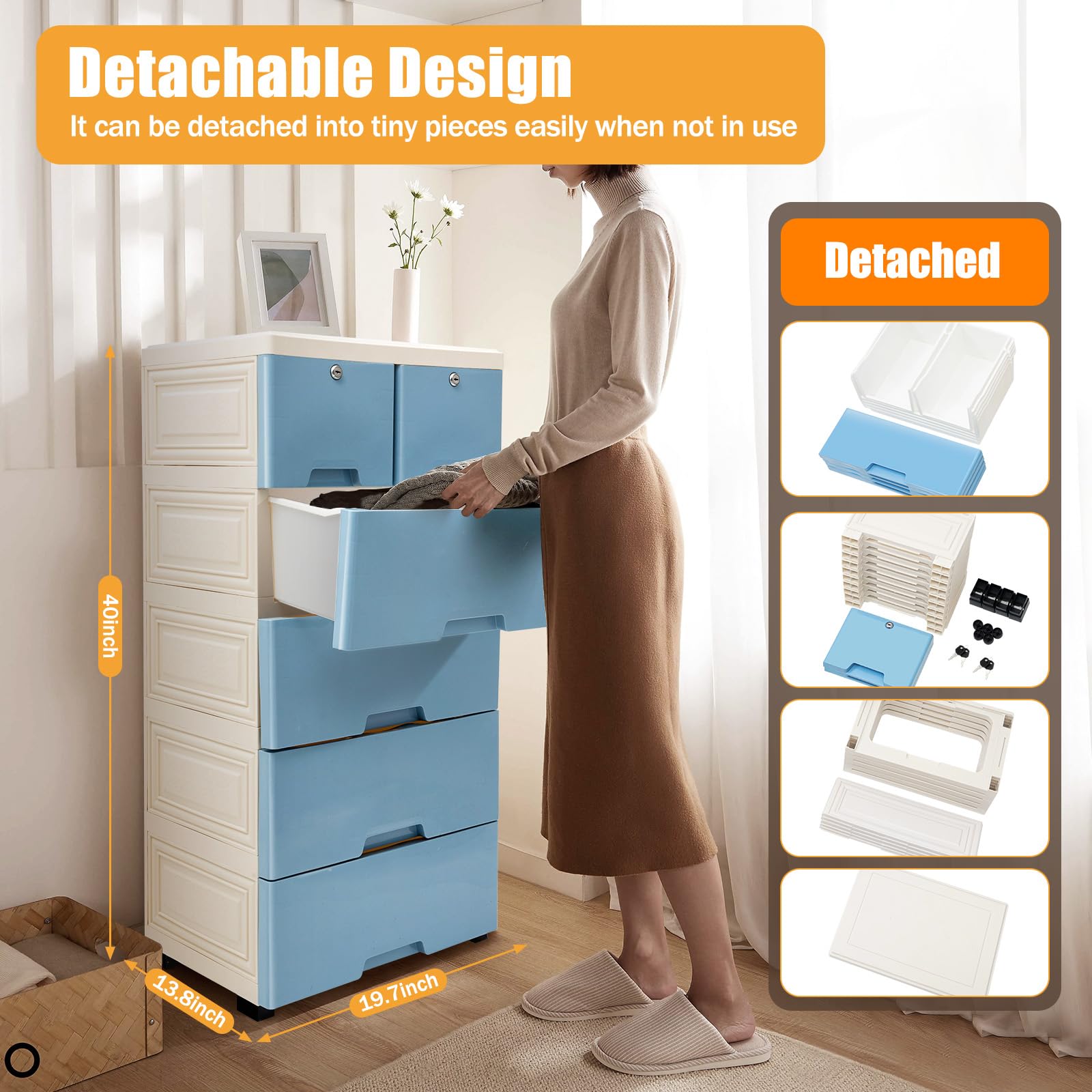 TiryyDrela Cassettiera Plastica 6 Cassetti con ruote bianco blu