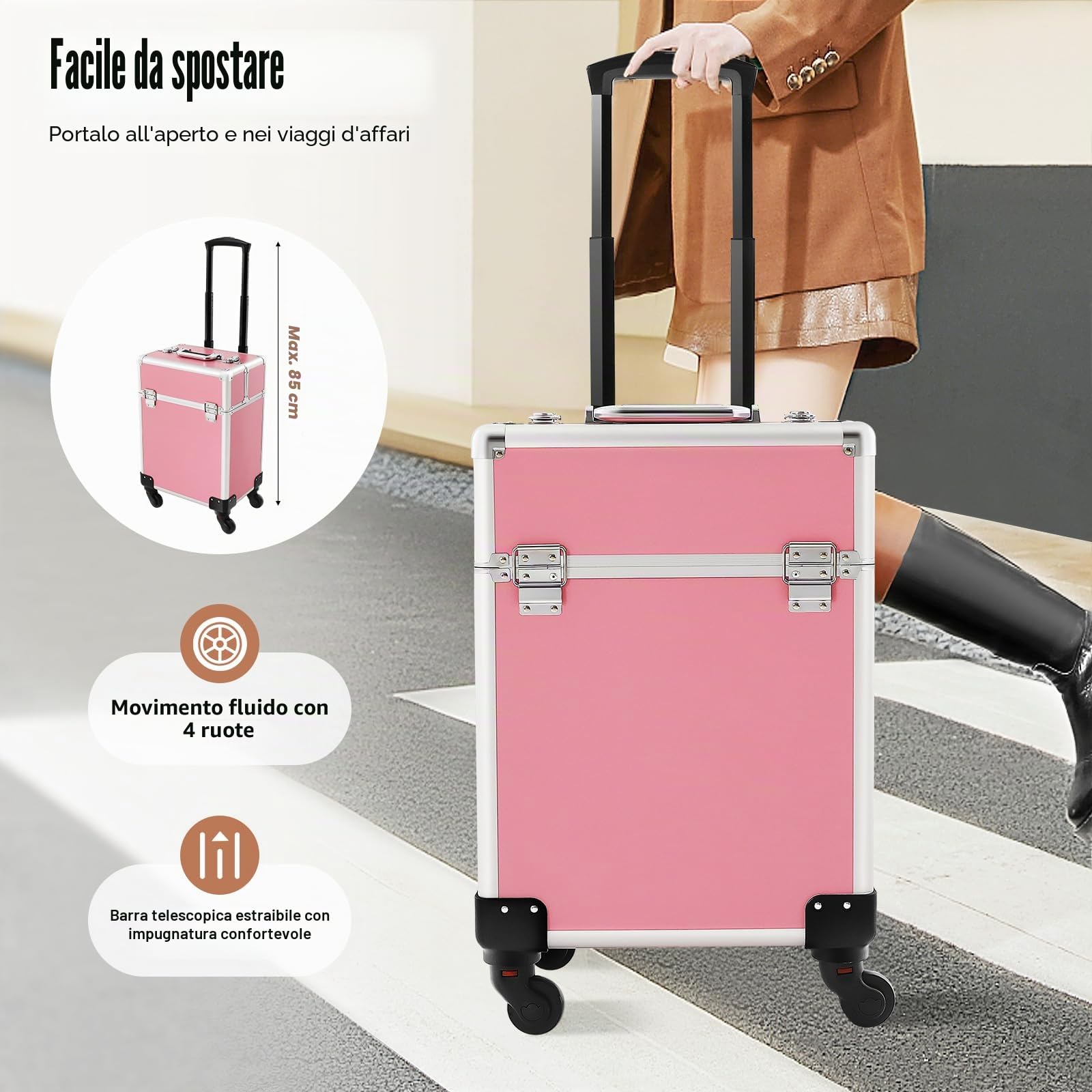 TiryyDrela Trolley trucco alluminio rosa grande capacità