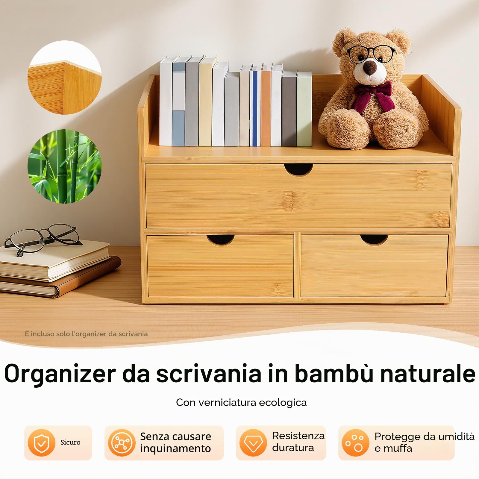 TiryyDrela organizer scrivania bambù 3 cassetti naturale