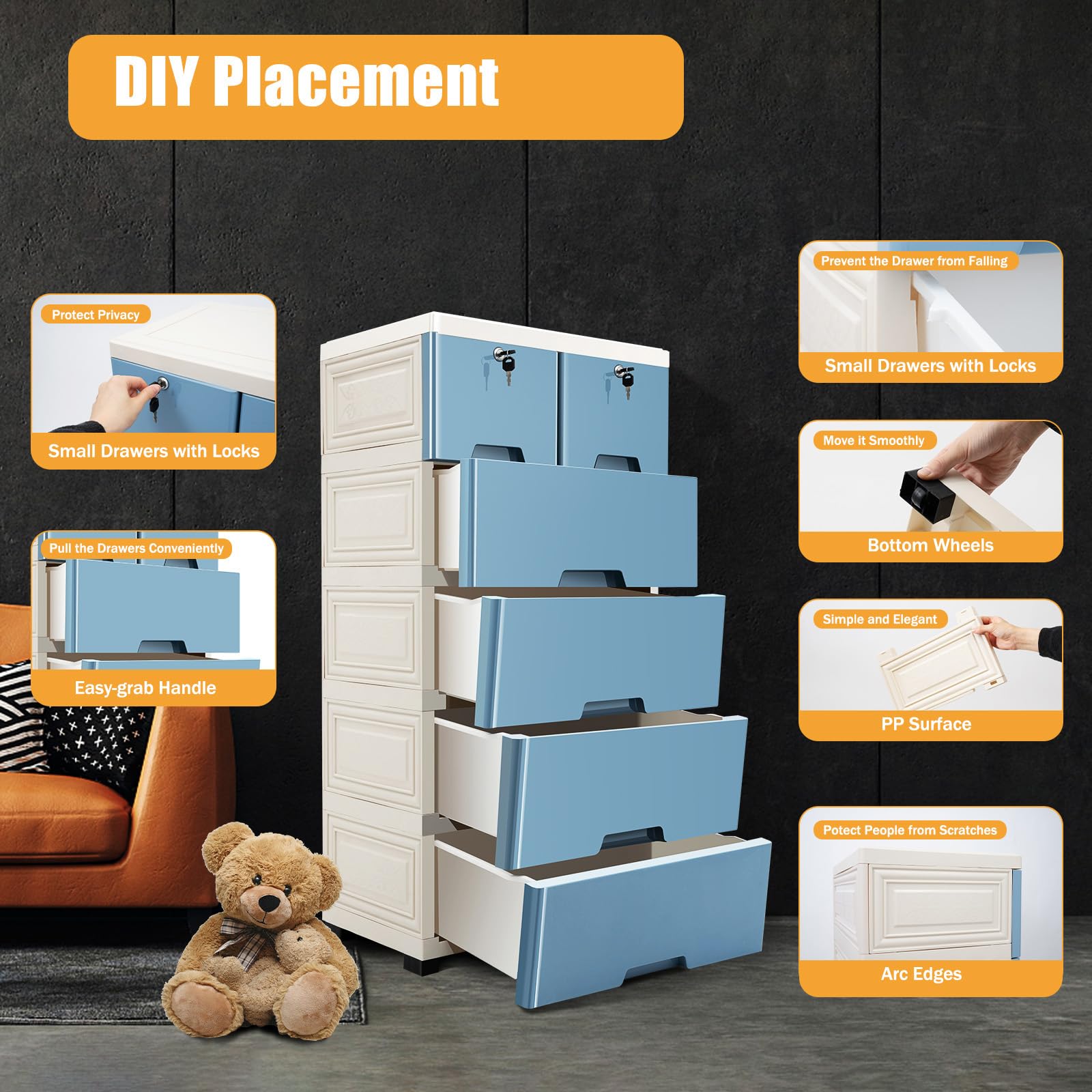 TiryyDrela Cassettiera Plastica 6 Cassetti con ruote bianco blu