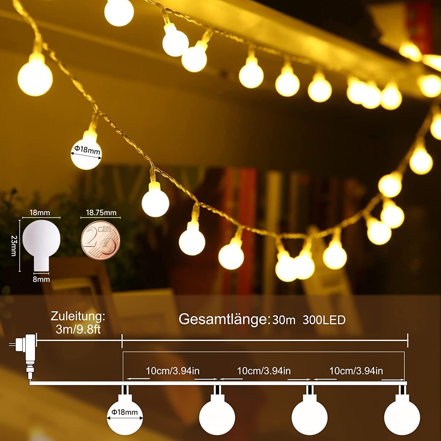 WOWDSGN catena luminosa 30 m 300 LED bianco caldo IP44