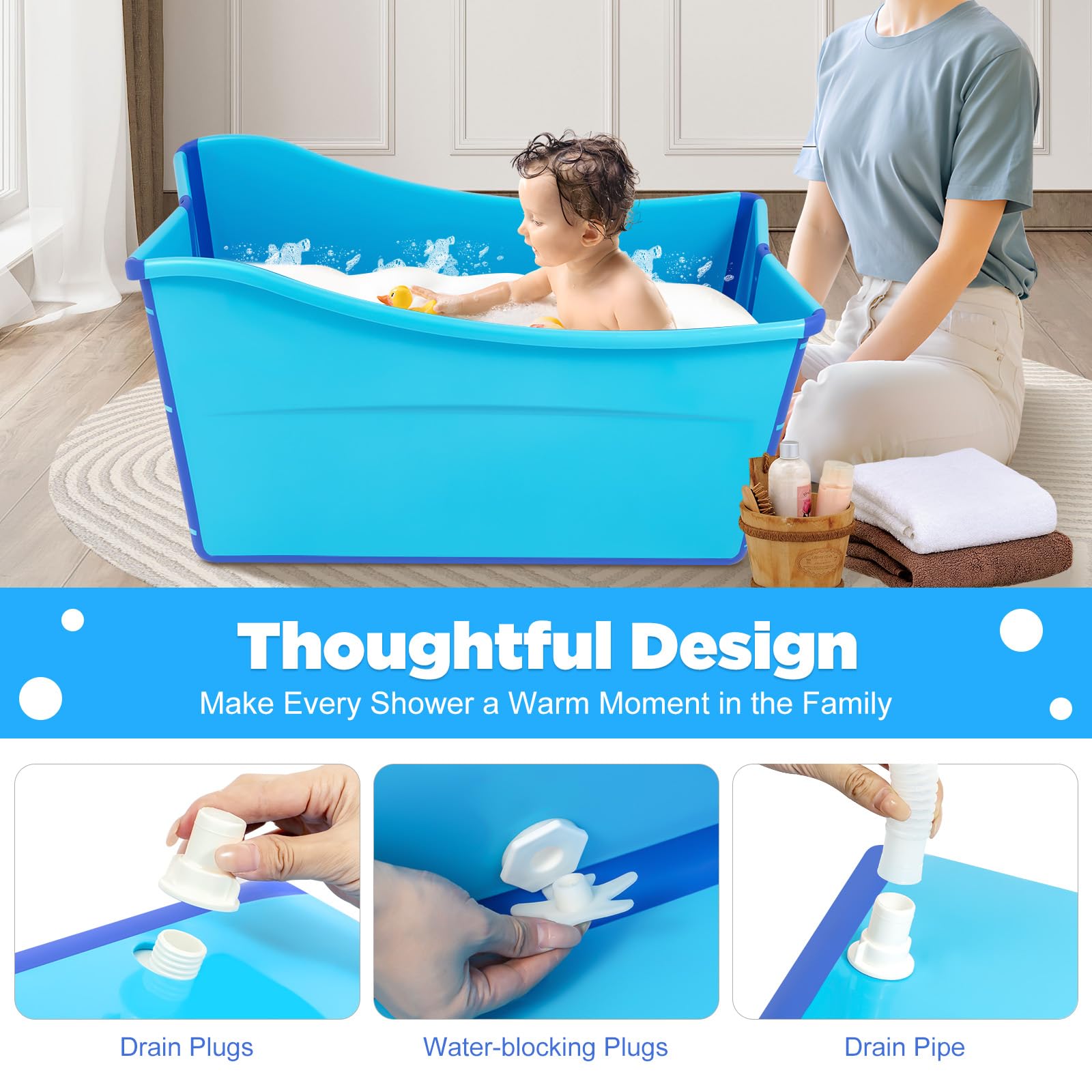 TiryyDrela Vasca da Bagno Pieghevole 87 cm con Cuscino e Scarico
