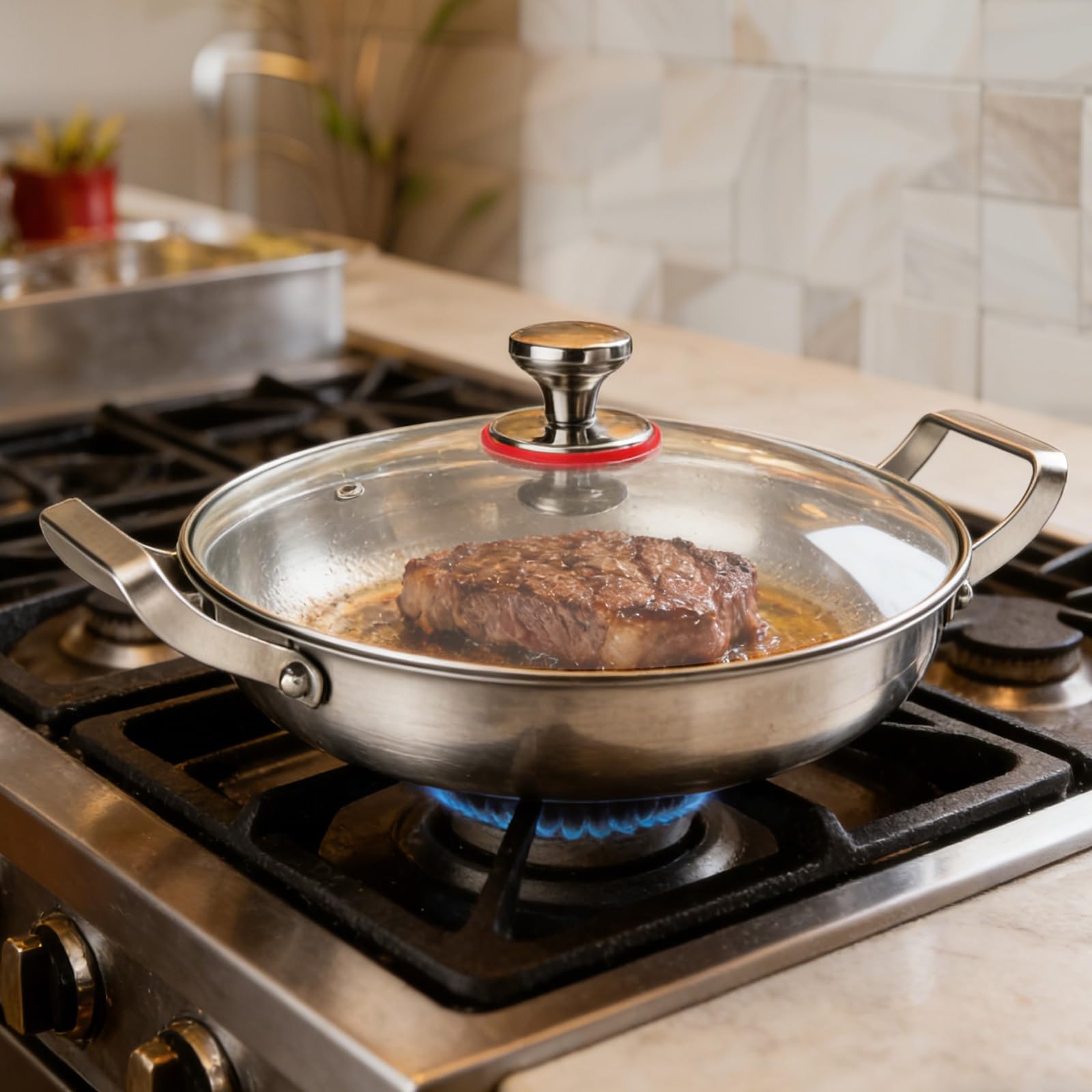 TiryyDrela padella acciaio inox 30 cm con coperchio vetro