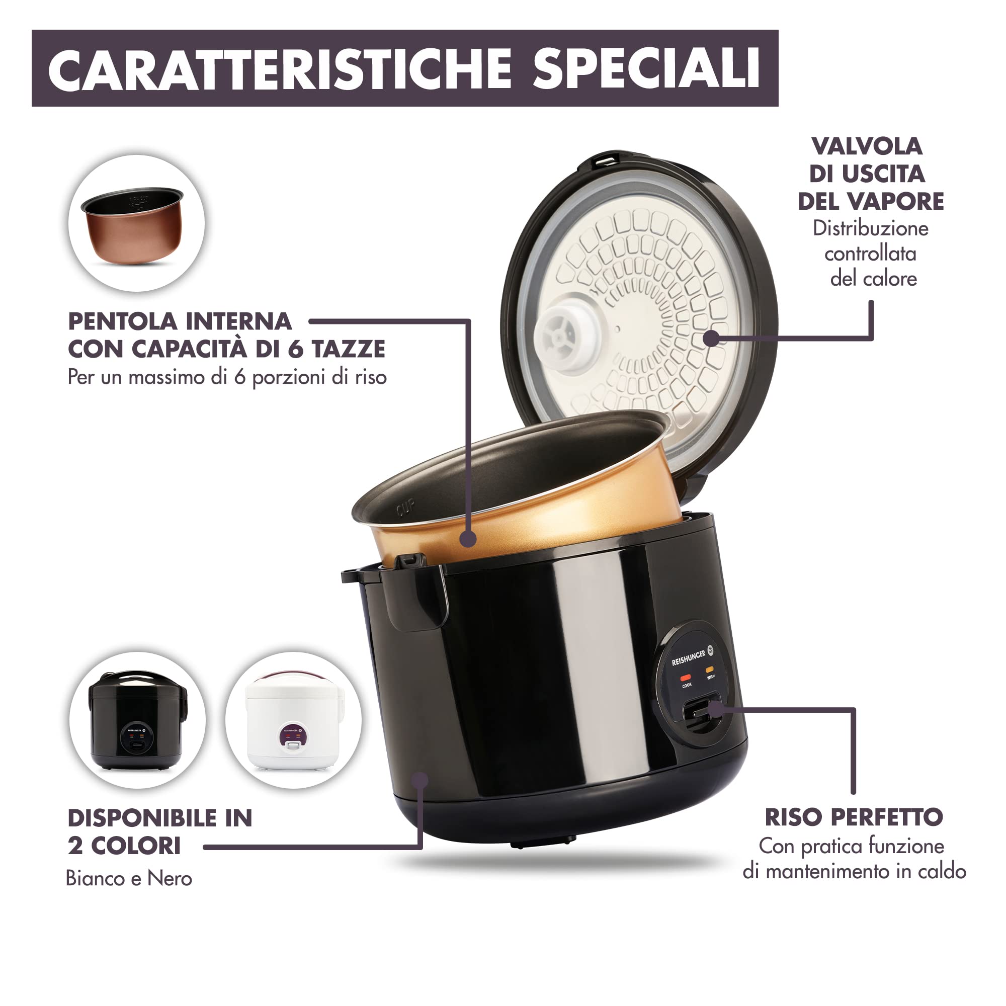 Reishunger cuociriso elettrico nero 1,2 L 6 persone antiaderente