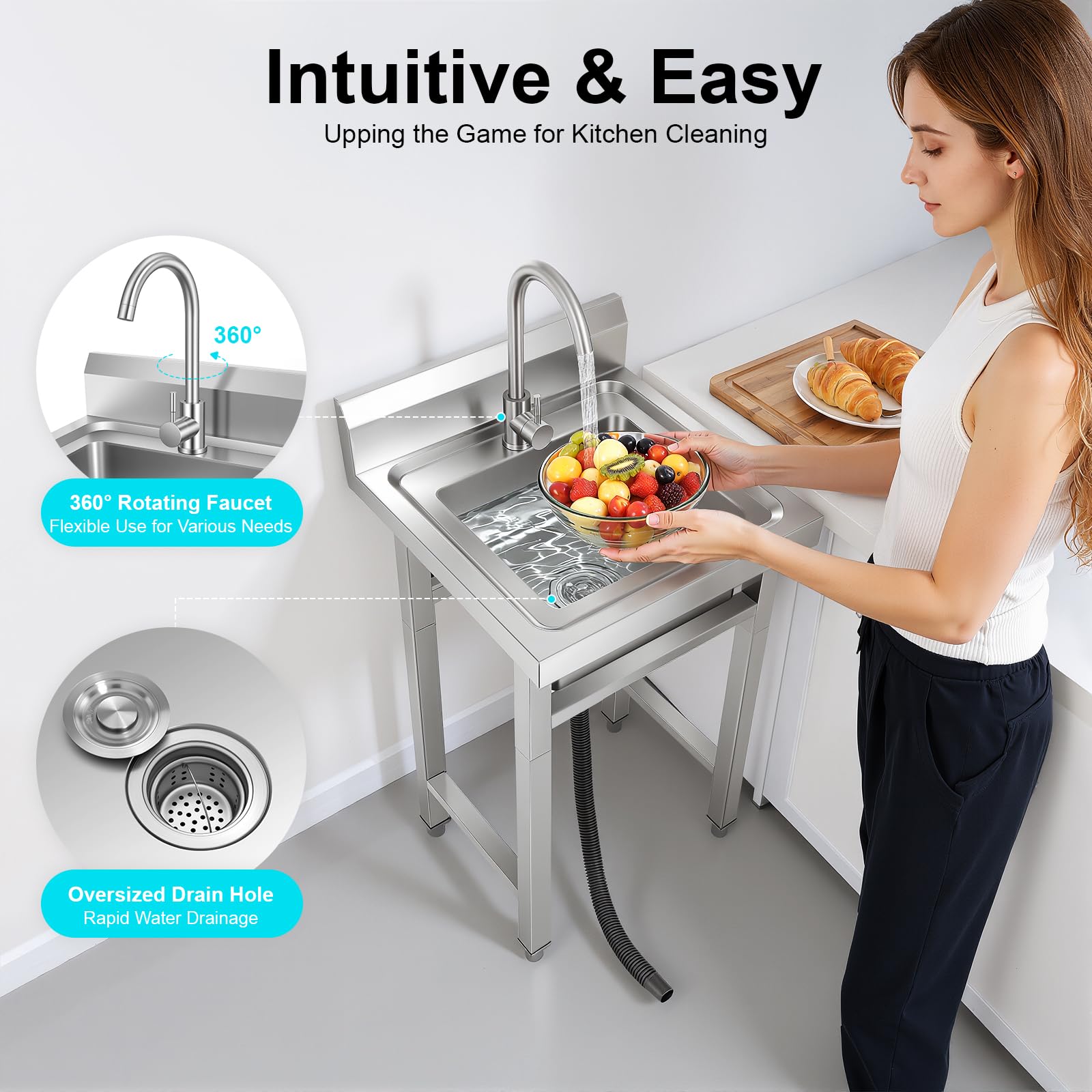 TiryyDrela Lavello Inox 1 Vasca con Rubinetto 50x50x93 cm