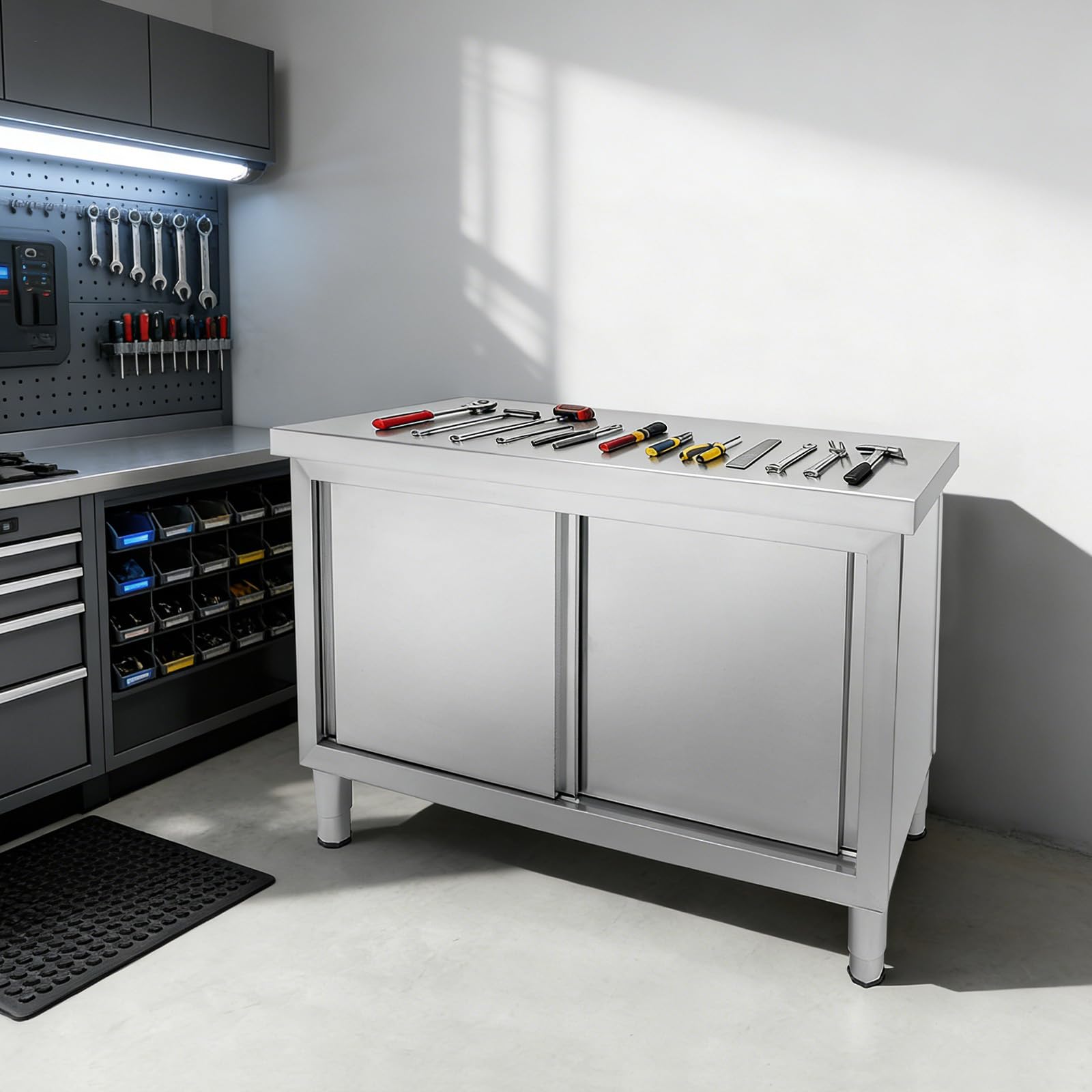 TiryyDrela Tavolo Lavoro Inox 120 cm con Ante Scorrevoli