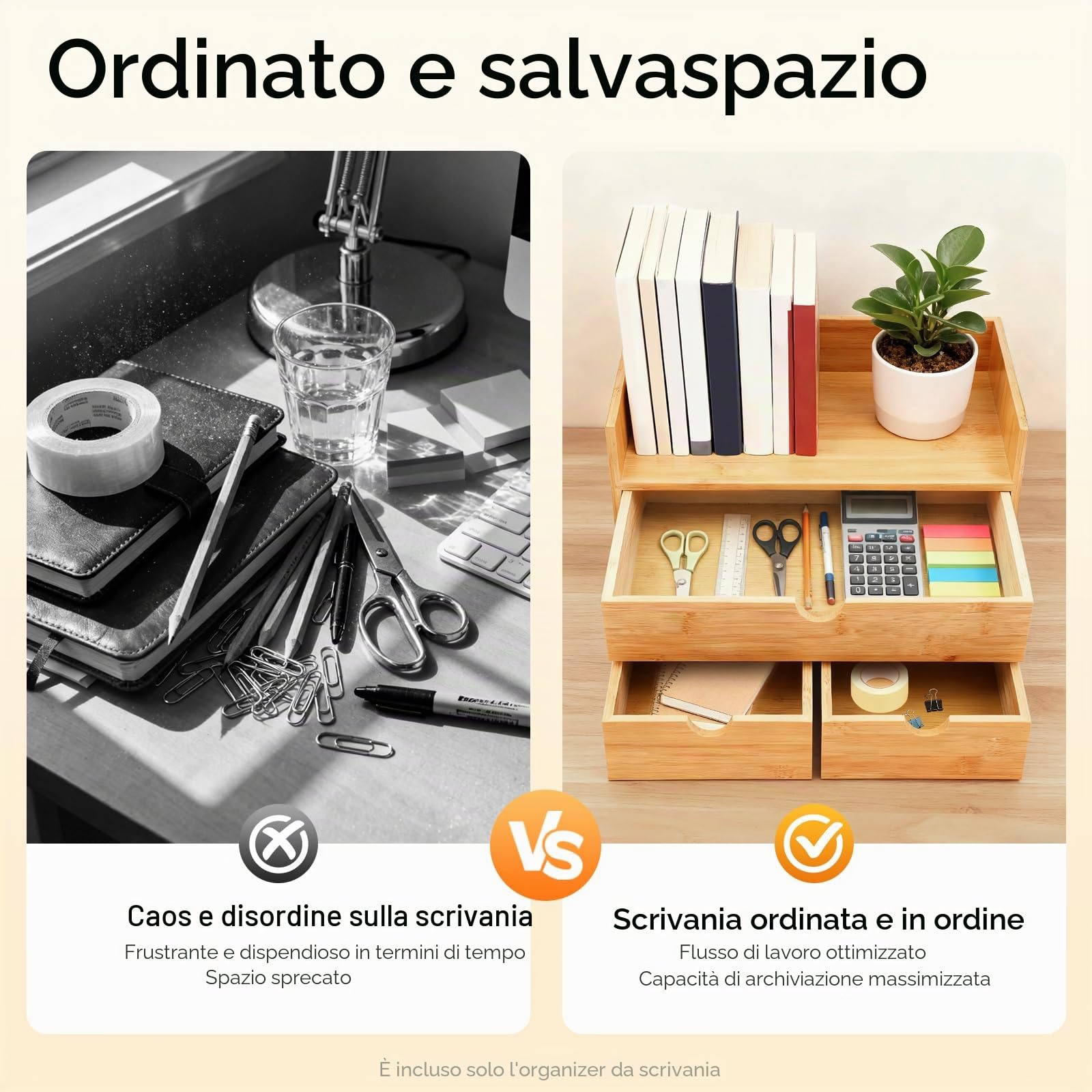 TiryyDrela organizer scrivania bambù 3 cassetti naturale