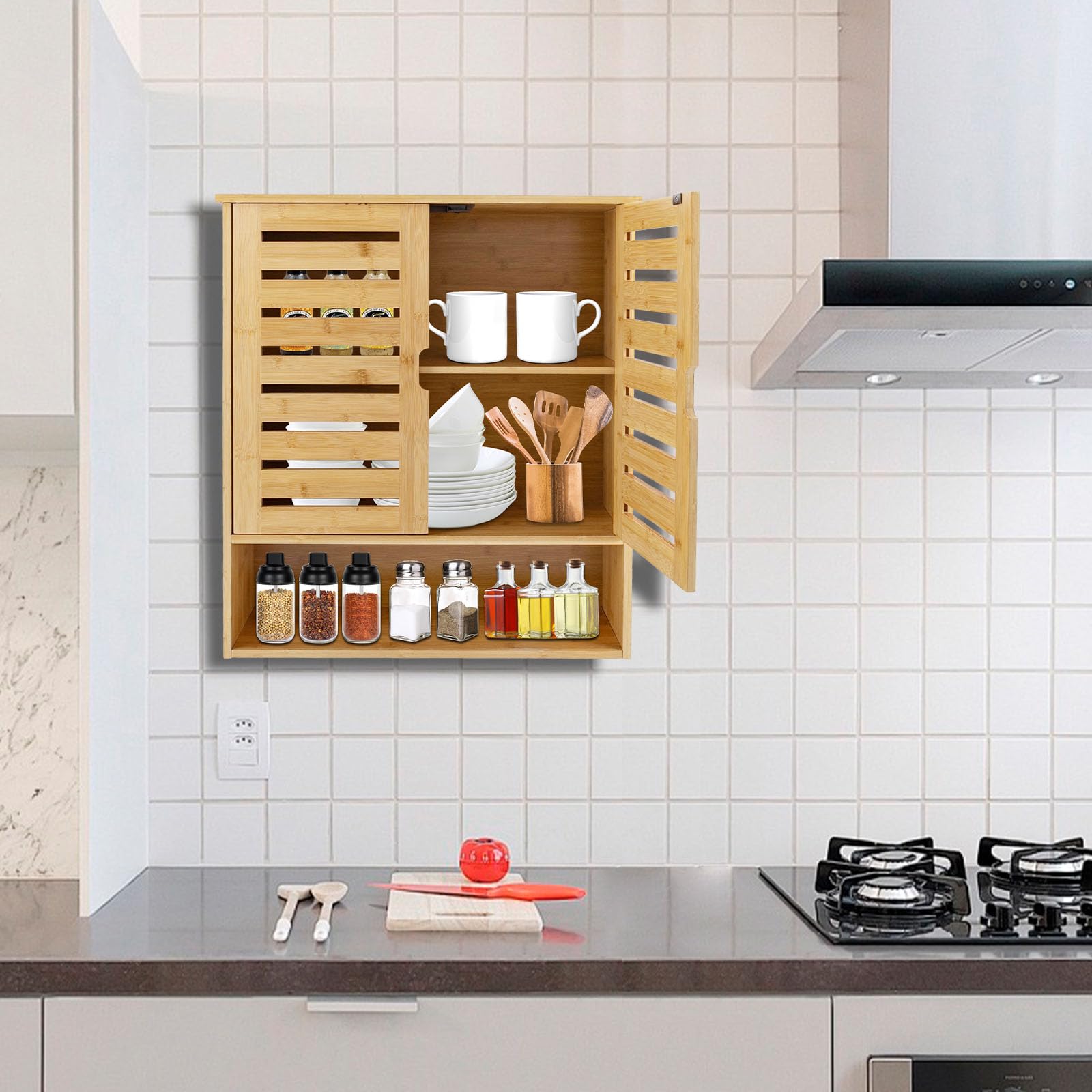 TiryyDrela Mobile Bagno in Bambù 3 Livelli con Ante Naturale