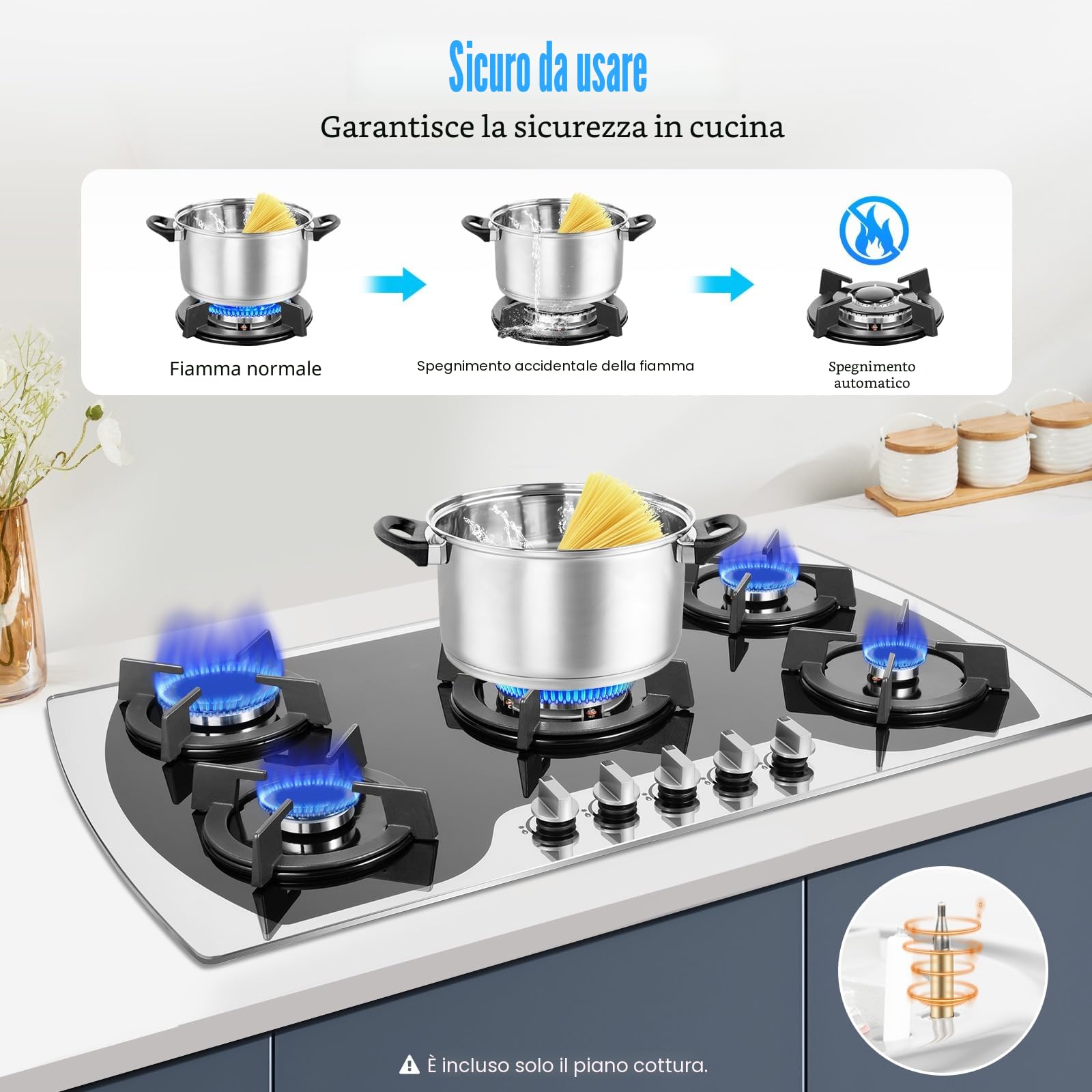 TiryyDrela Piano Cottura Gas 5 Fuochi Vetro Termocoppia