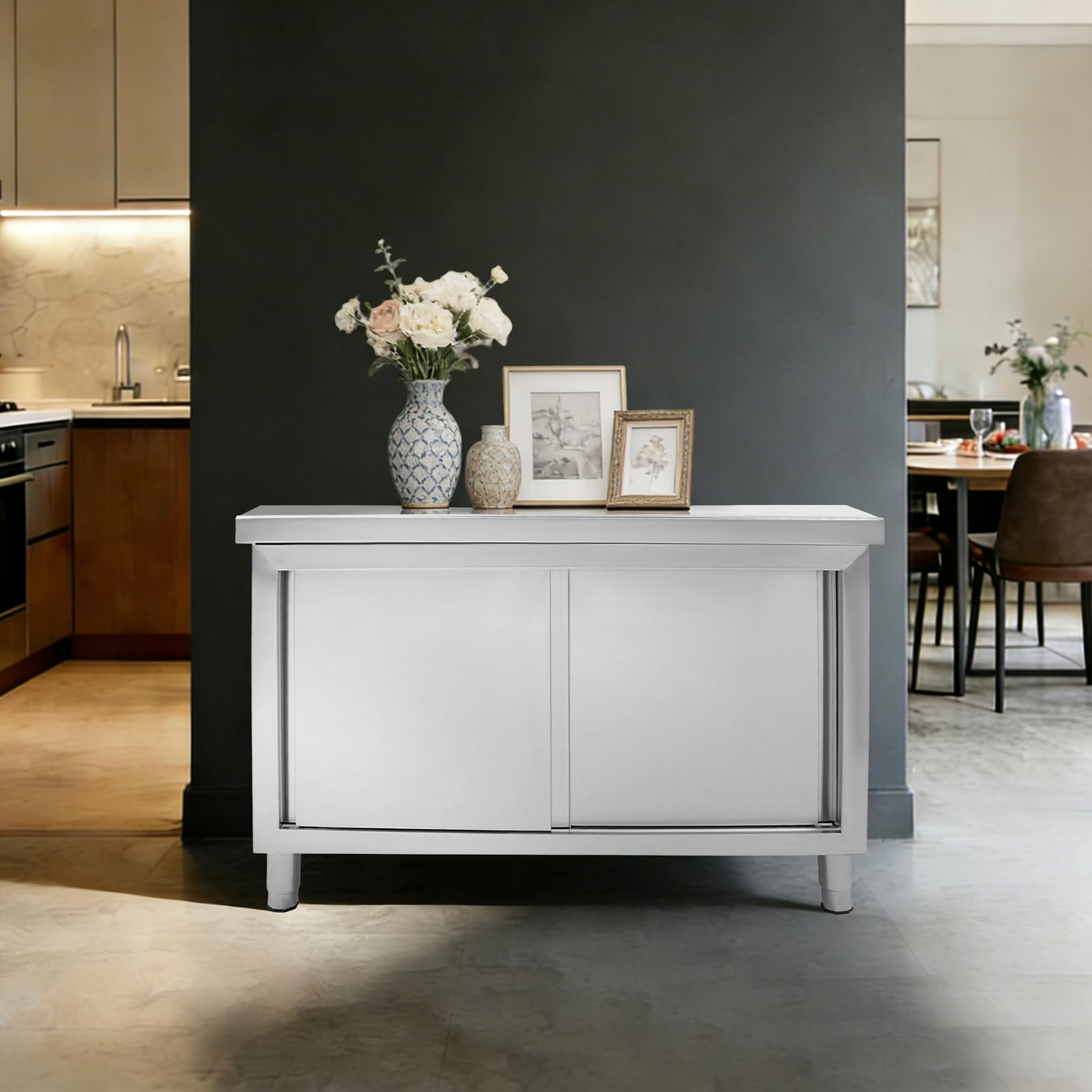 TiryyDrela Tavolo Lavoro Inox 120 cm con Ante Scorrevoli