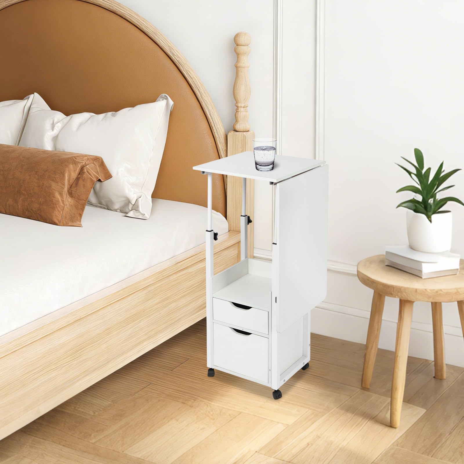 TiryyDrela Tavolo da Letto Pieghevole Regolabile con Ruote Bianco