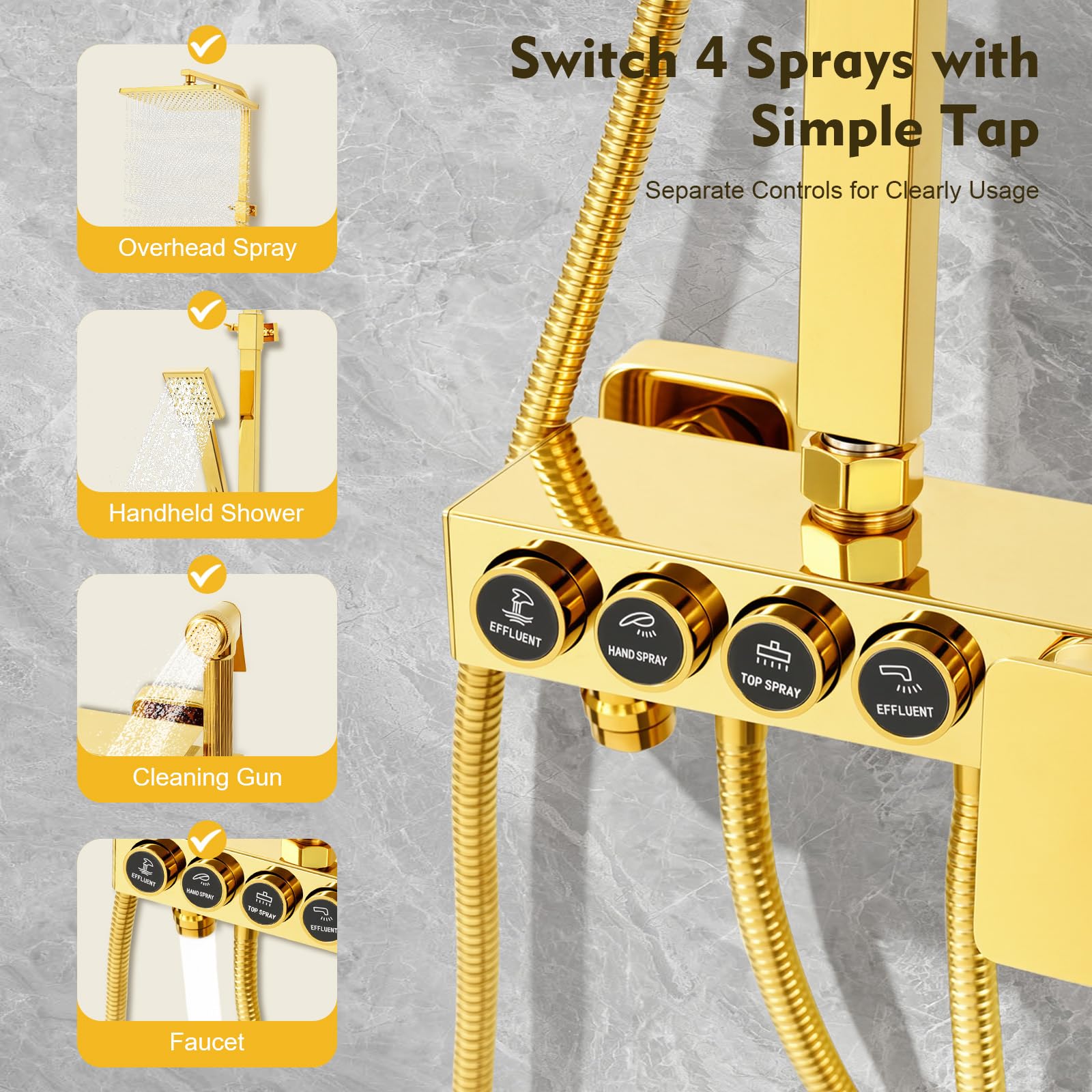 TiryyDrela Colonna Doccia Oro Soffione 31,5 cm Altezza 80-120 cm