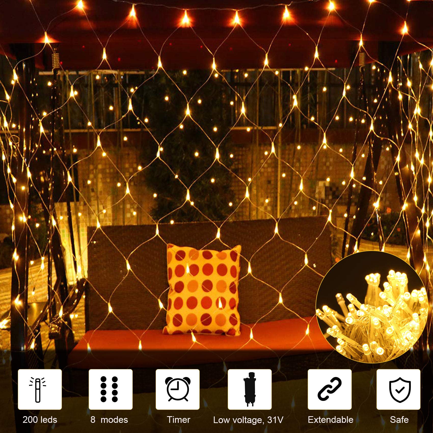 WOWDSGN rete luci LED 200 bianco caldo 3x2 m telecomando