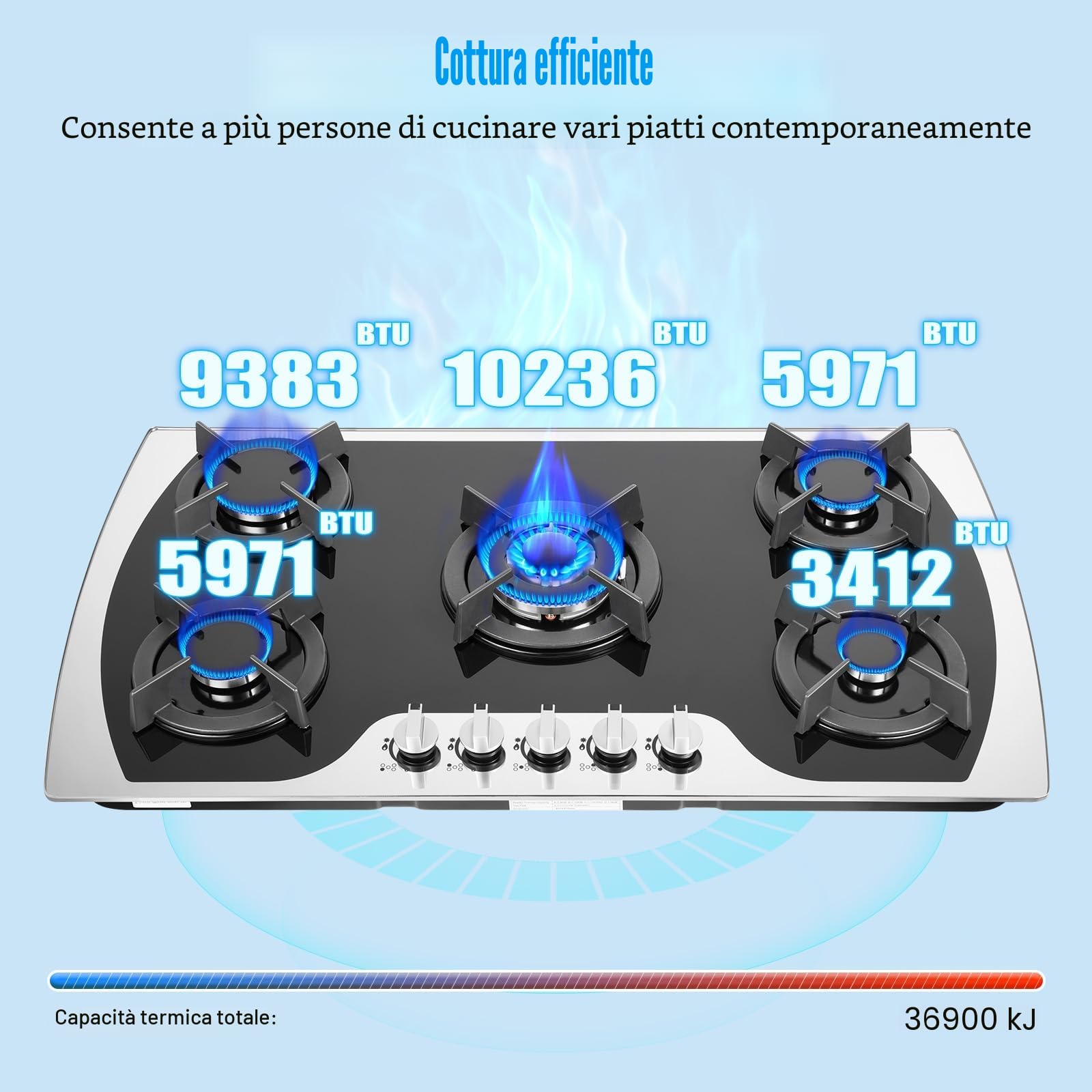 TiryyDrela Piano Cottura Gas 5 Fuochi Vetro Termocoppia