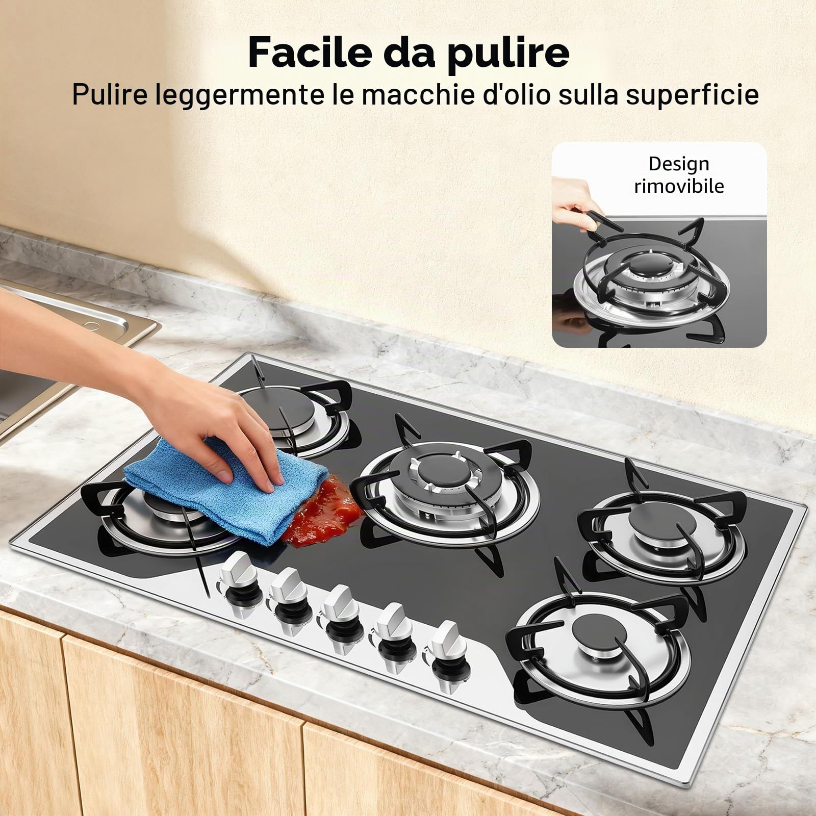TiryyDrela Piano Cottura Gas 5 Fuochi Vetro 77 cm