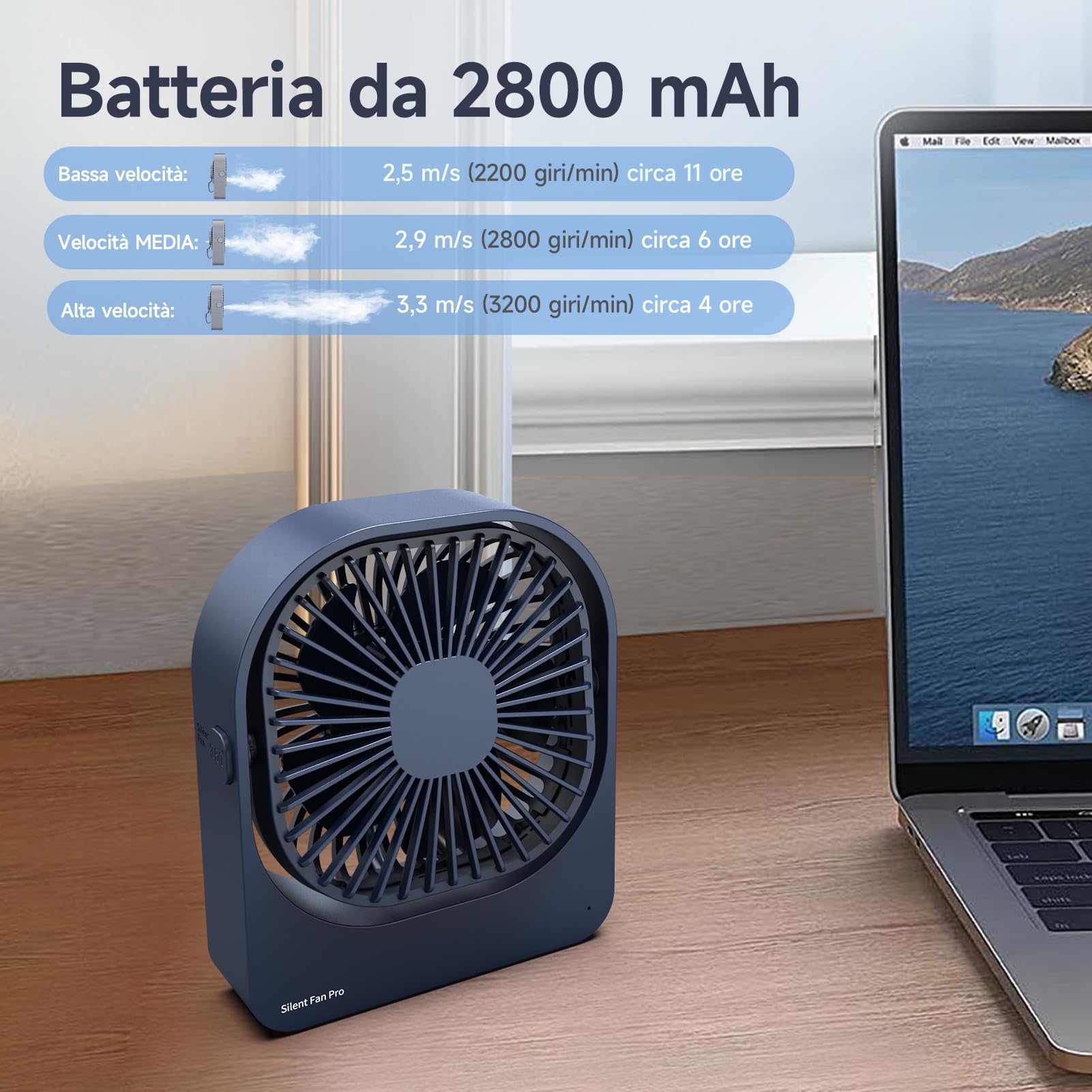 WOWDSGN ventilatore da tavolo ricaricabile blu scuro 2800 mAh