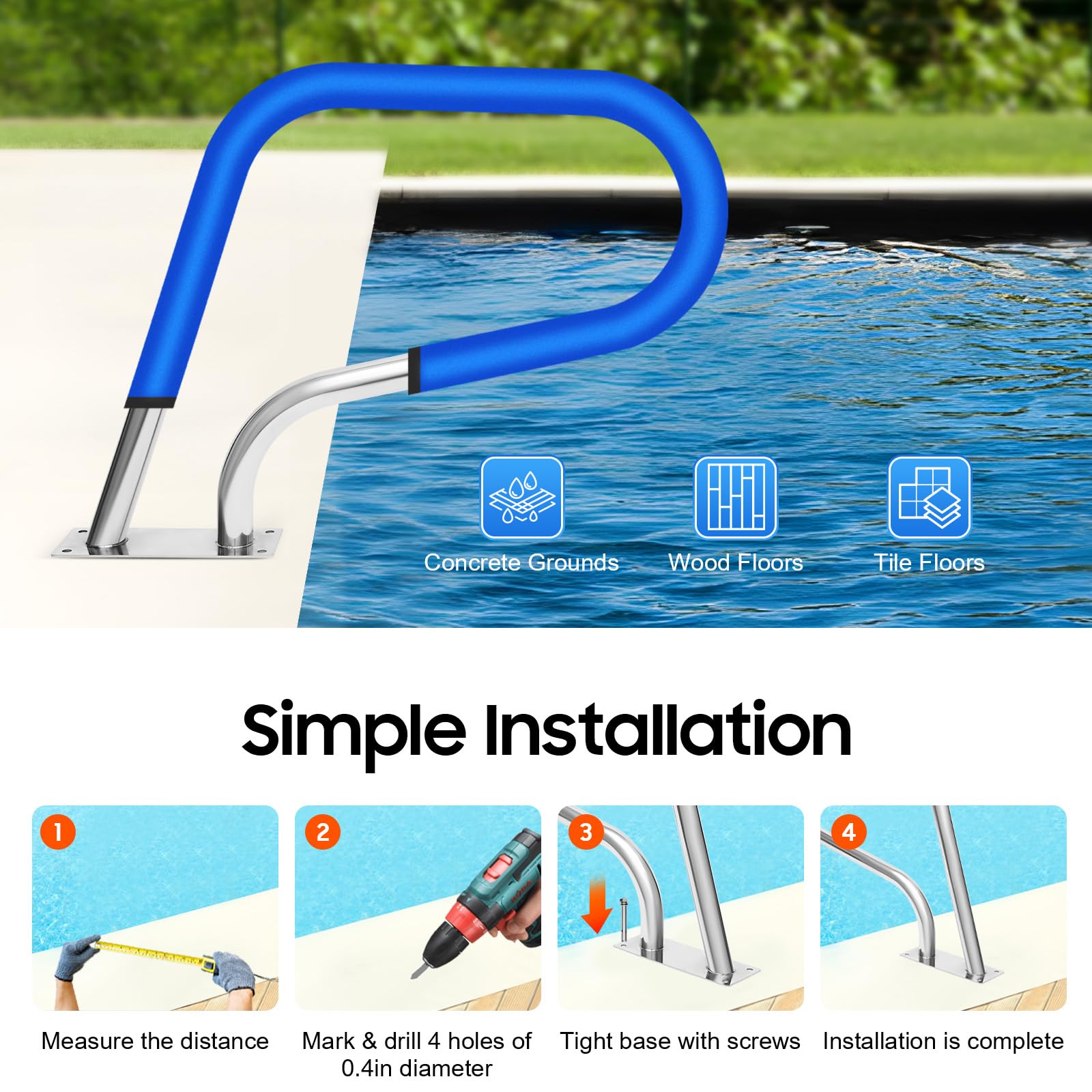 TiryyDrela Corrimano Piscina Inox 304 Forma U 120 kg Antiscivolo