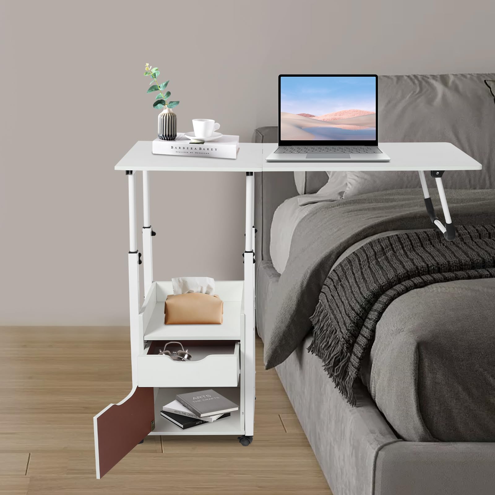 TiryyDrela Tavolo da Letto Pieghevole Regolabile con Ruote Bianco