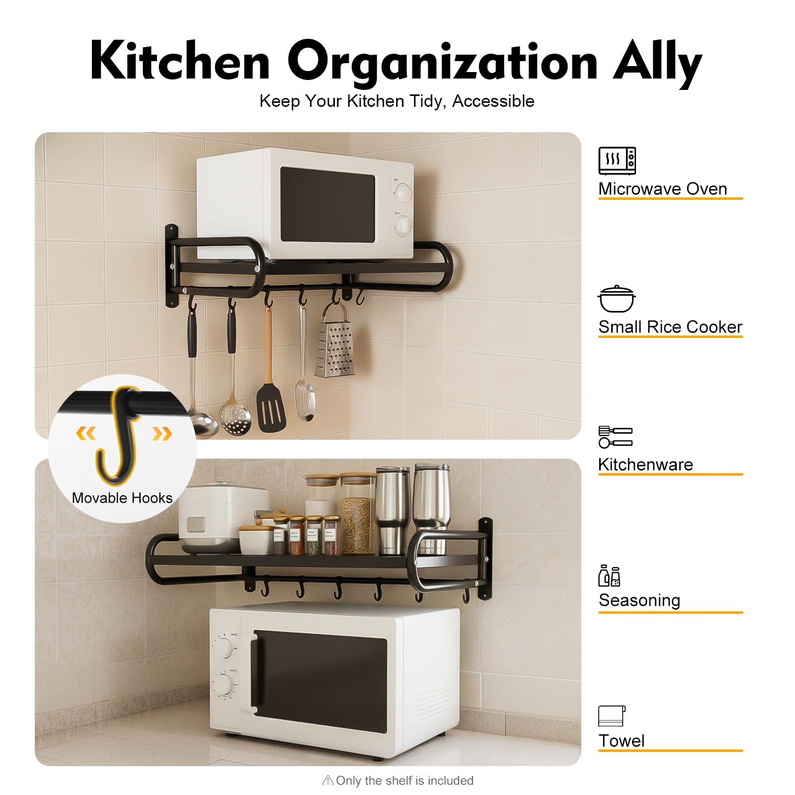 TiryyDrela mensola parete cucina 1 livello 30 kg con ganci
