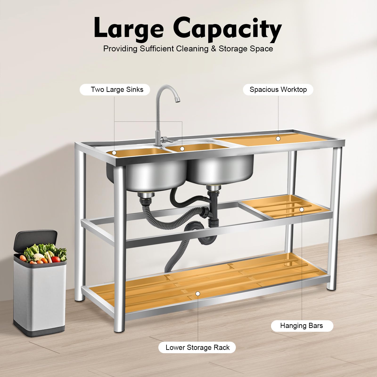 TiryyDrela Lavello Doppia Vasca Inox con Piano 45x80x120 cm